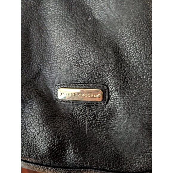 Steve Madden Black Textured Leather Satchel With Gold Hardware & Chevron Lining - Picture 6 of 11